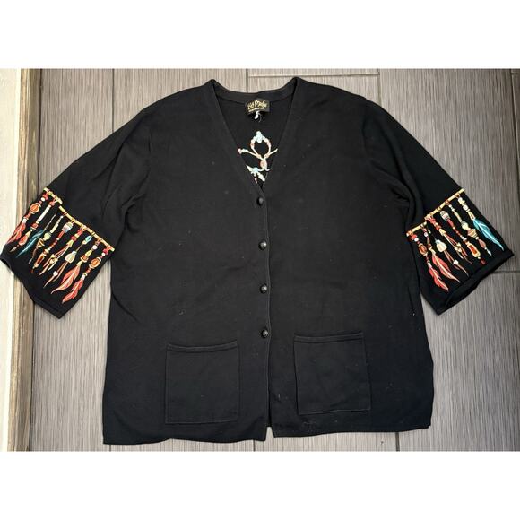 Bob Mackie Sweaters - Bob Mackie's Wearable Art Indian Bead Embroidered 3/4 Sleeve Cardigan Black 4X